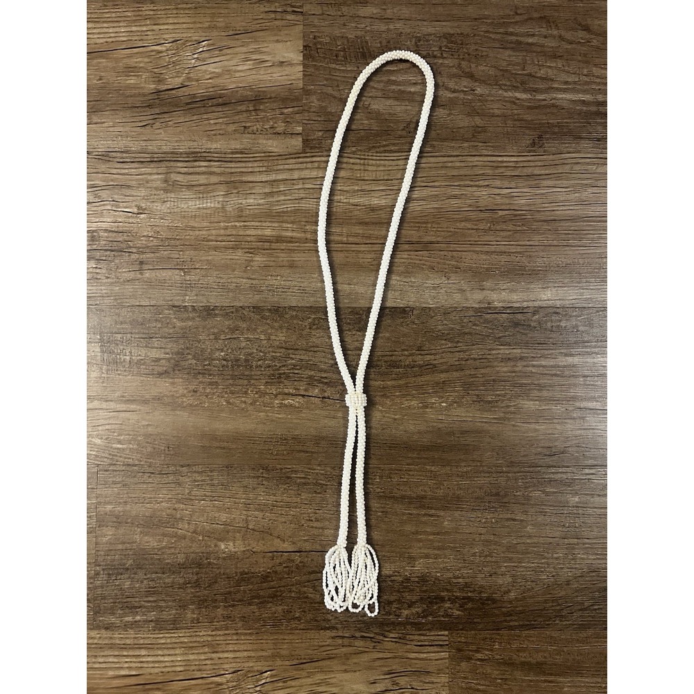 Vintage Faux Seed Pearl Rope Necklace 44" Woven Lariat Style Tassel